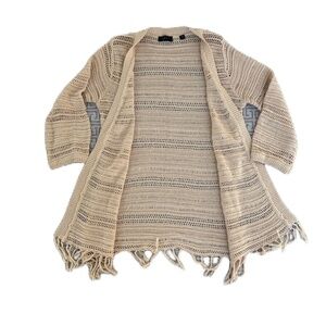 Cyrus cardigan open weave fringe 3/4 sleeve tan XS